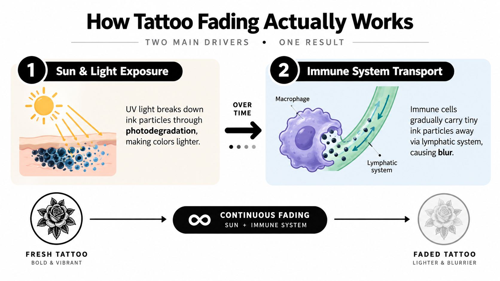 An infographic explaining how sun exposure and the immune system cause tattoos to fade over time.