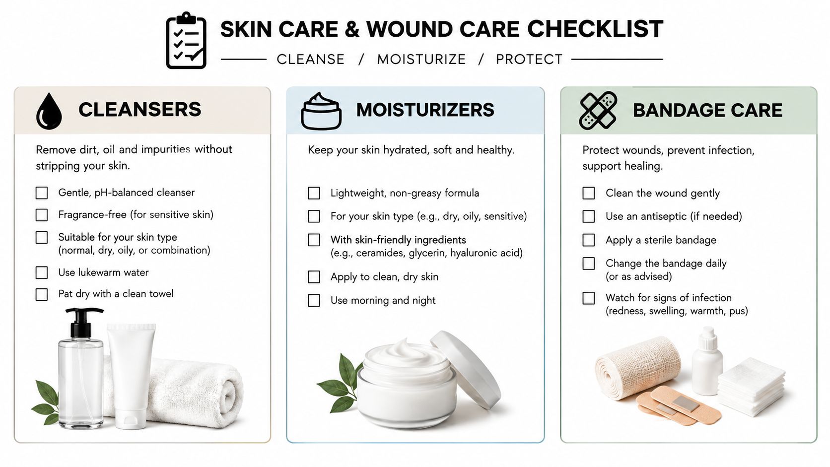 A checklist infographic titled Skin Care & Wound Care covering tips for cleansing, moisturizing, and bandaging.