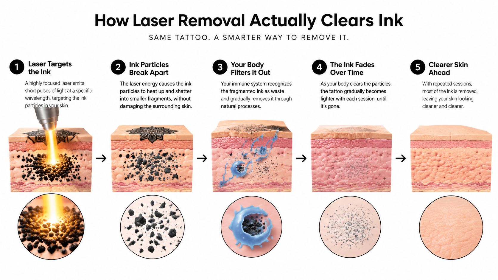 An infographic showing the five steps of laser tattoo removal, illustrating how ink particles are broken down.