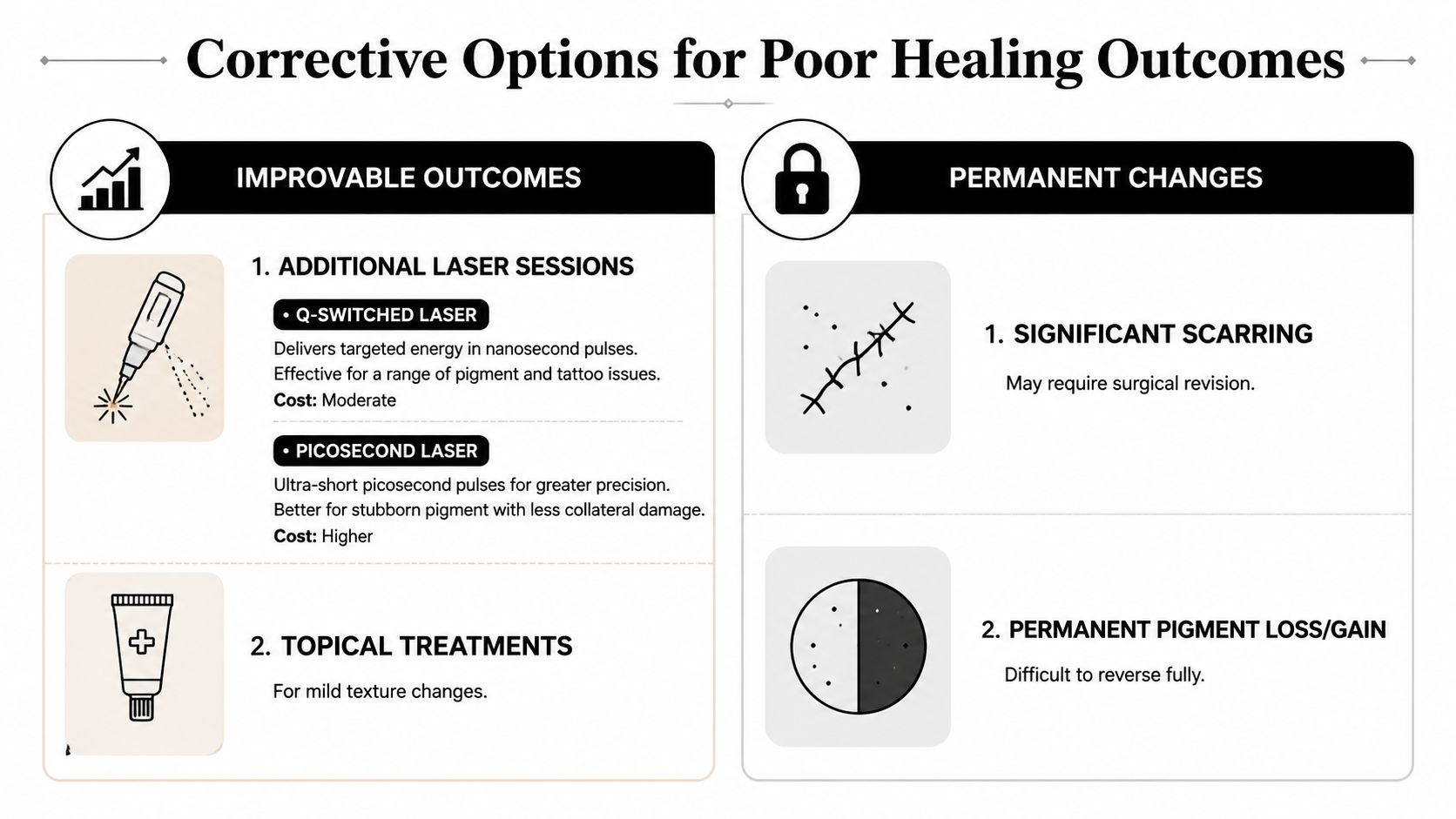 An infographic showing corrective options for poor skin healing outcomes following cosmetic or tattoo removal procedures.