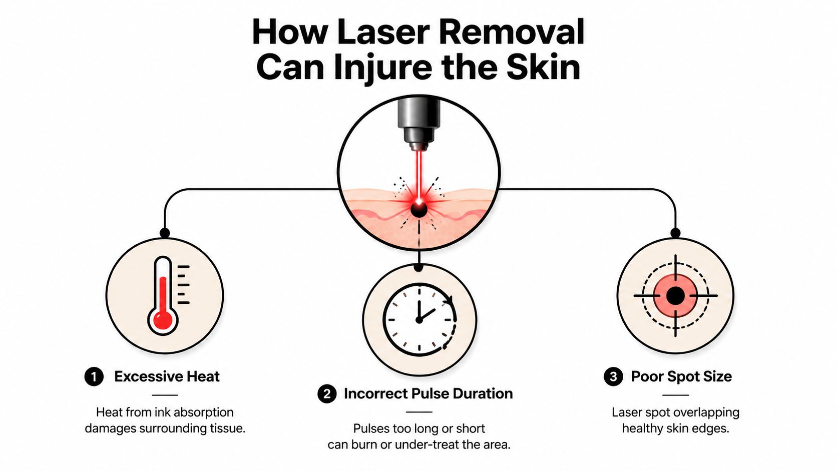 A diagram explaining three primary ways laser tattoo removal can cause skin injuries including heat, duration, and spot size.