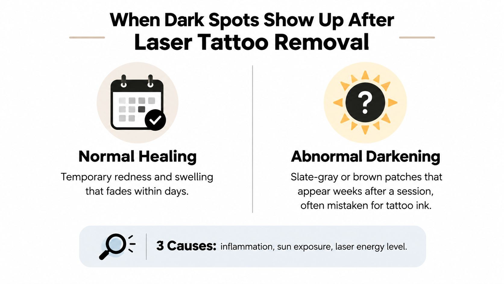 An infographic comparing normal healing versus abnormal darkening skin patches after laser tattoo removal treatments.