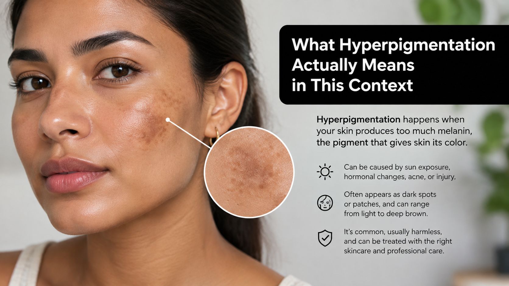 A close-up of a woman's face highlighting dark patches of skin caused by hyperpigmentation and sun damage.