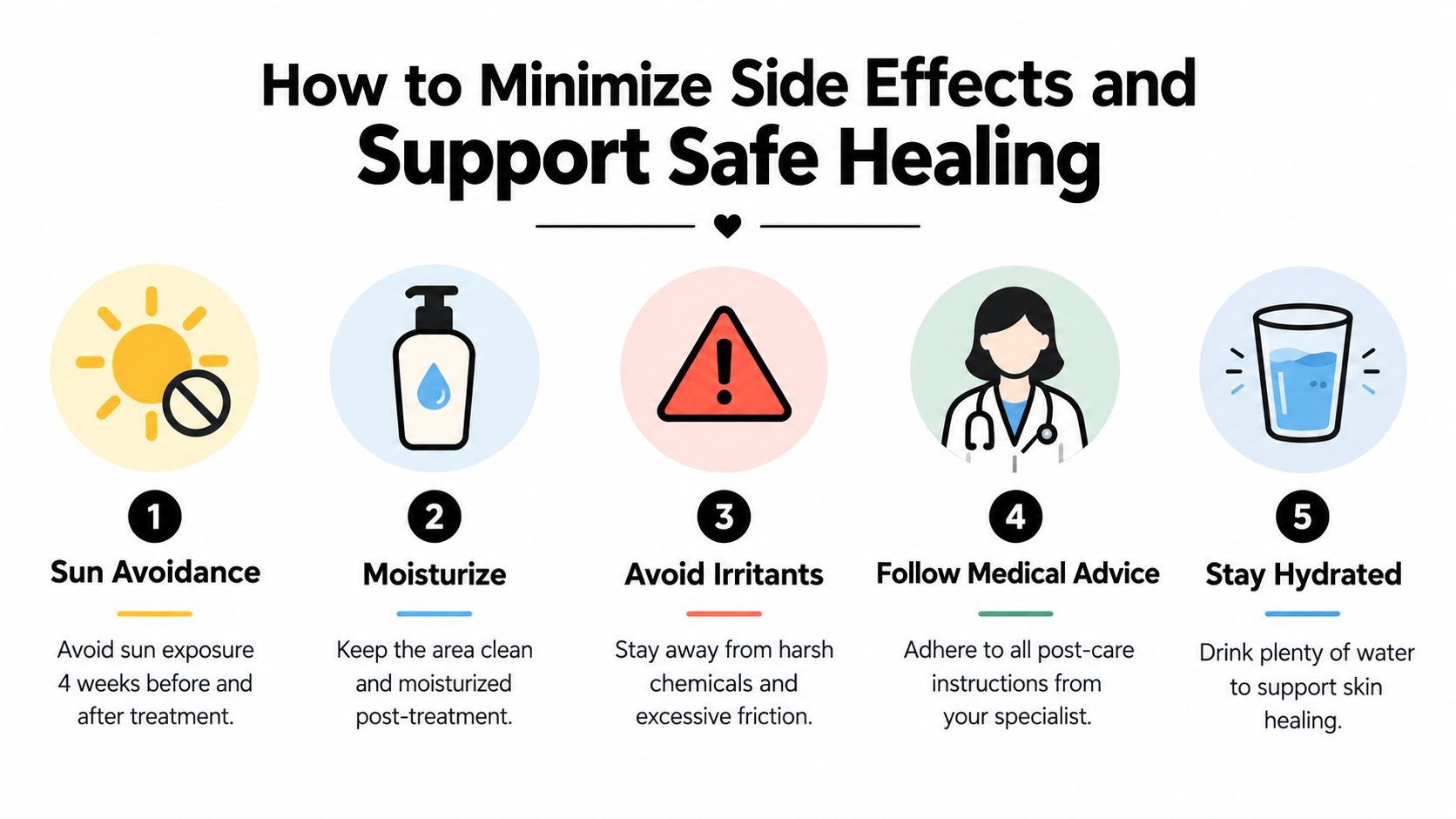 An infographic showing five essential tips to minimize side effects and support safe post-treatment healing.