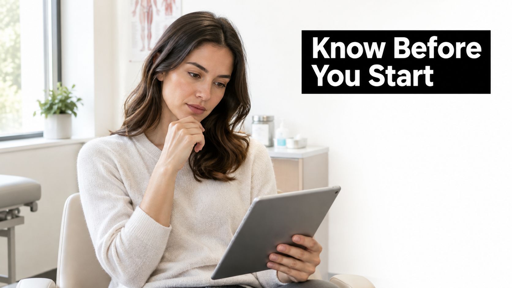 A woman looks thoughtful while reading information on a tablet in a medical or clinical office setting.