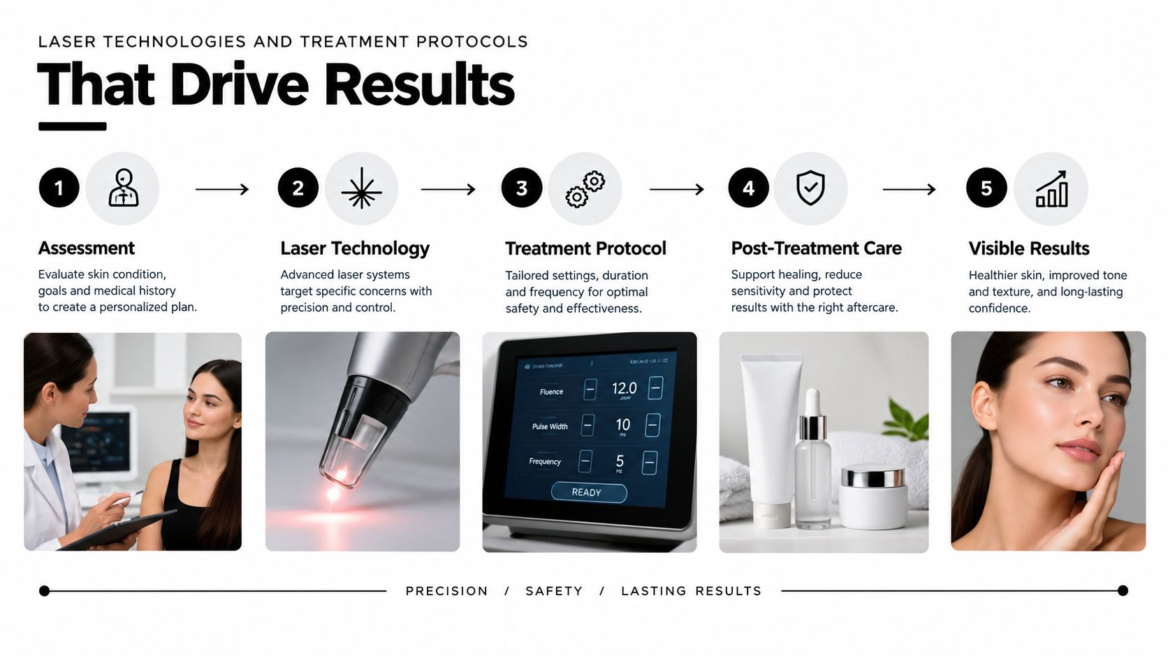 A diagram outlining a five-step professional laser treatment process from initial patient assessment to visible results.