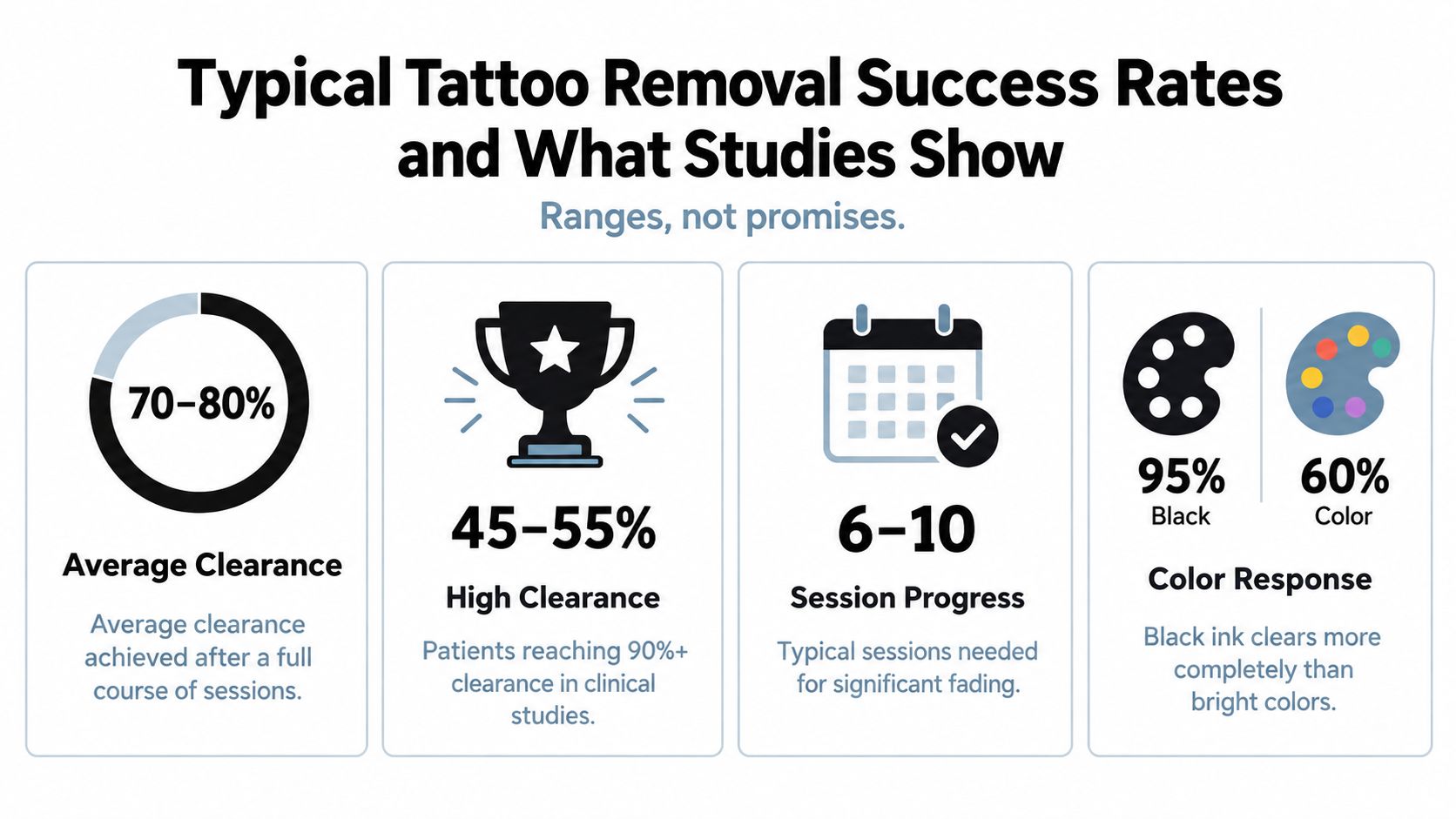 An infographic showing statistics for tattoo removal success rates including clearance percentages and session progress estimates.