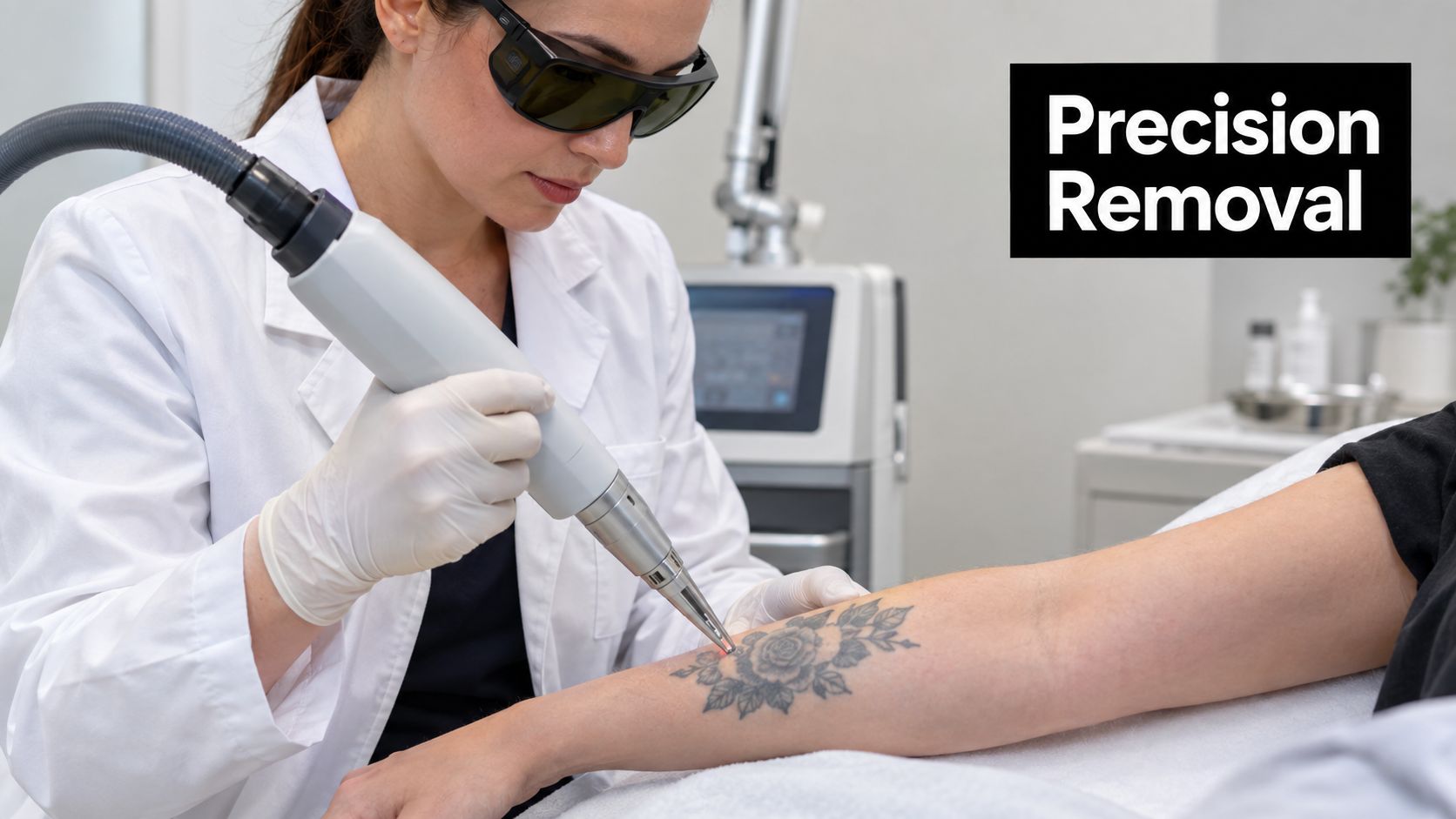 A professional technician uses a laser device to perform precise tattoo removal on a client's forearm.