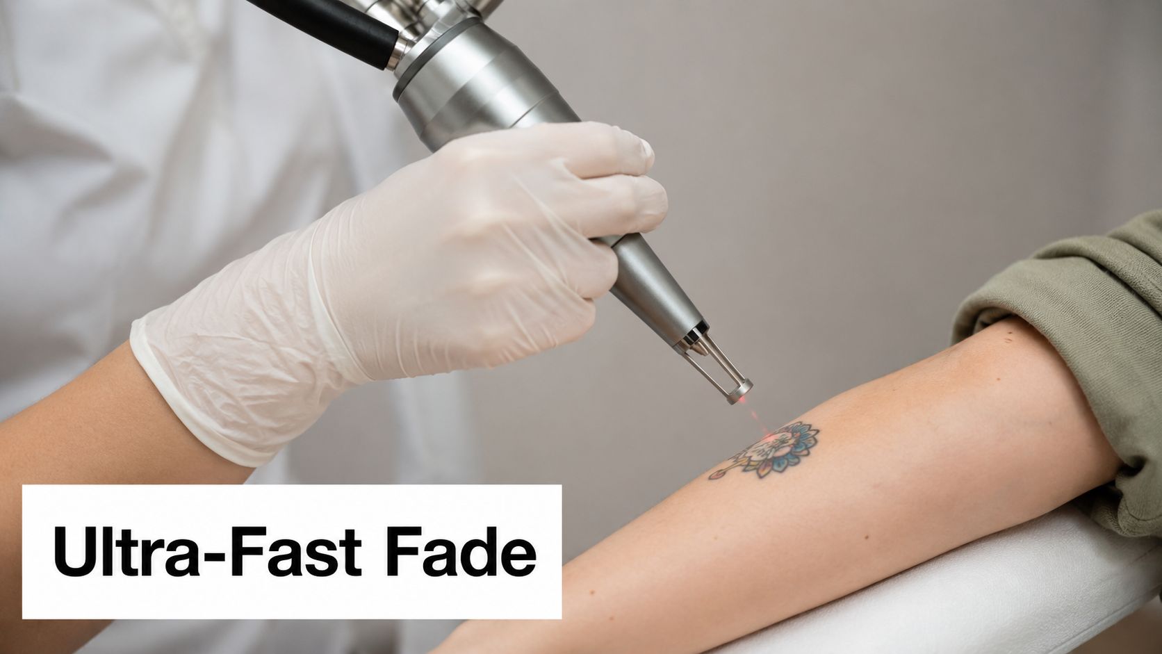 A professional technician uses a laser device to remove a small colorful tattoo on an arm.
