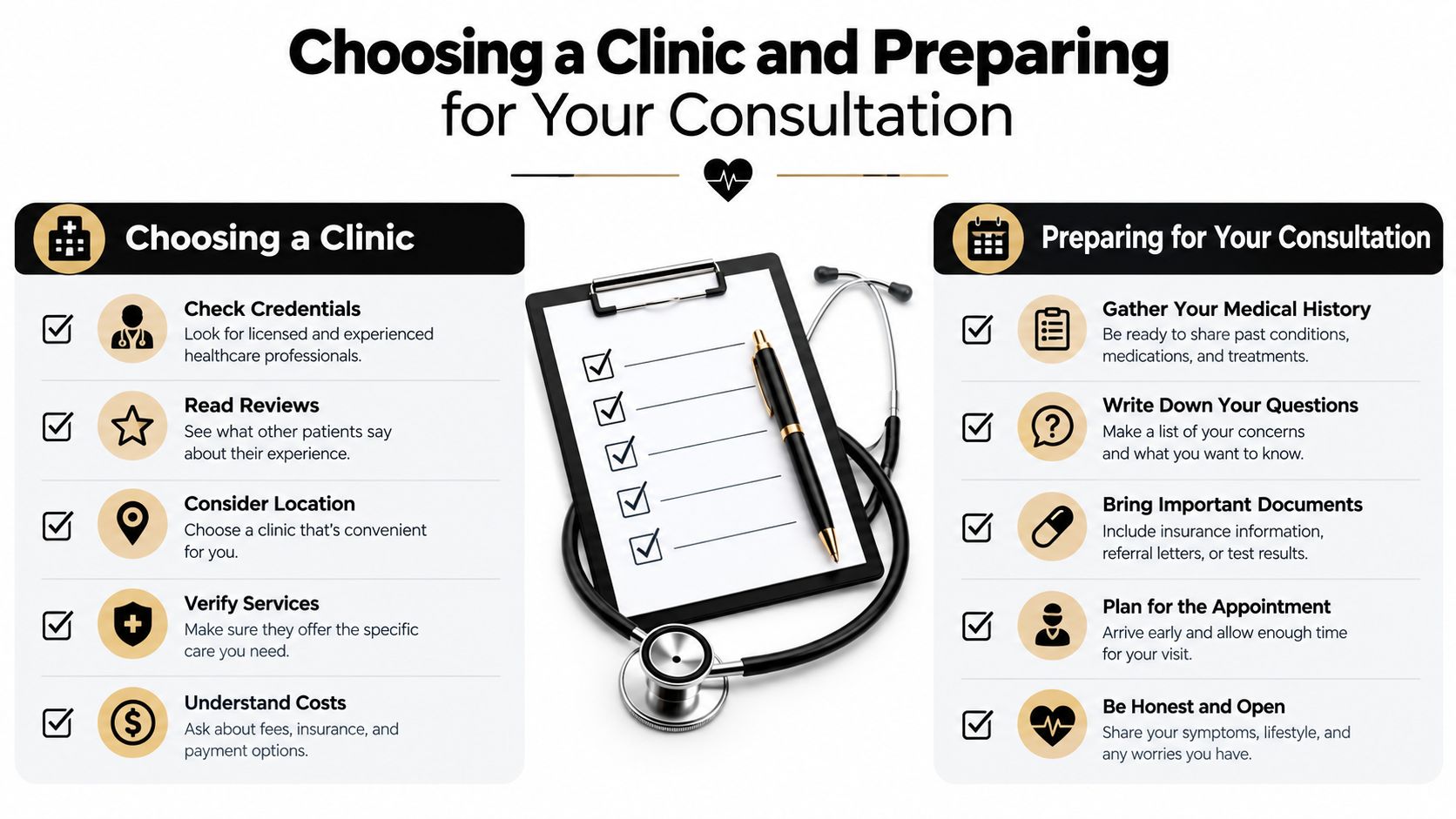 An infographic showing steps for choosing a medical clinic and preparing for a patient consultation visit.