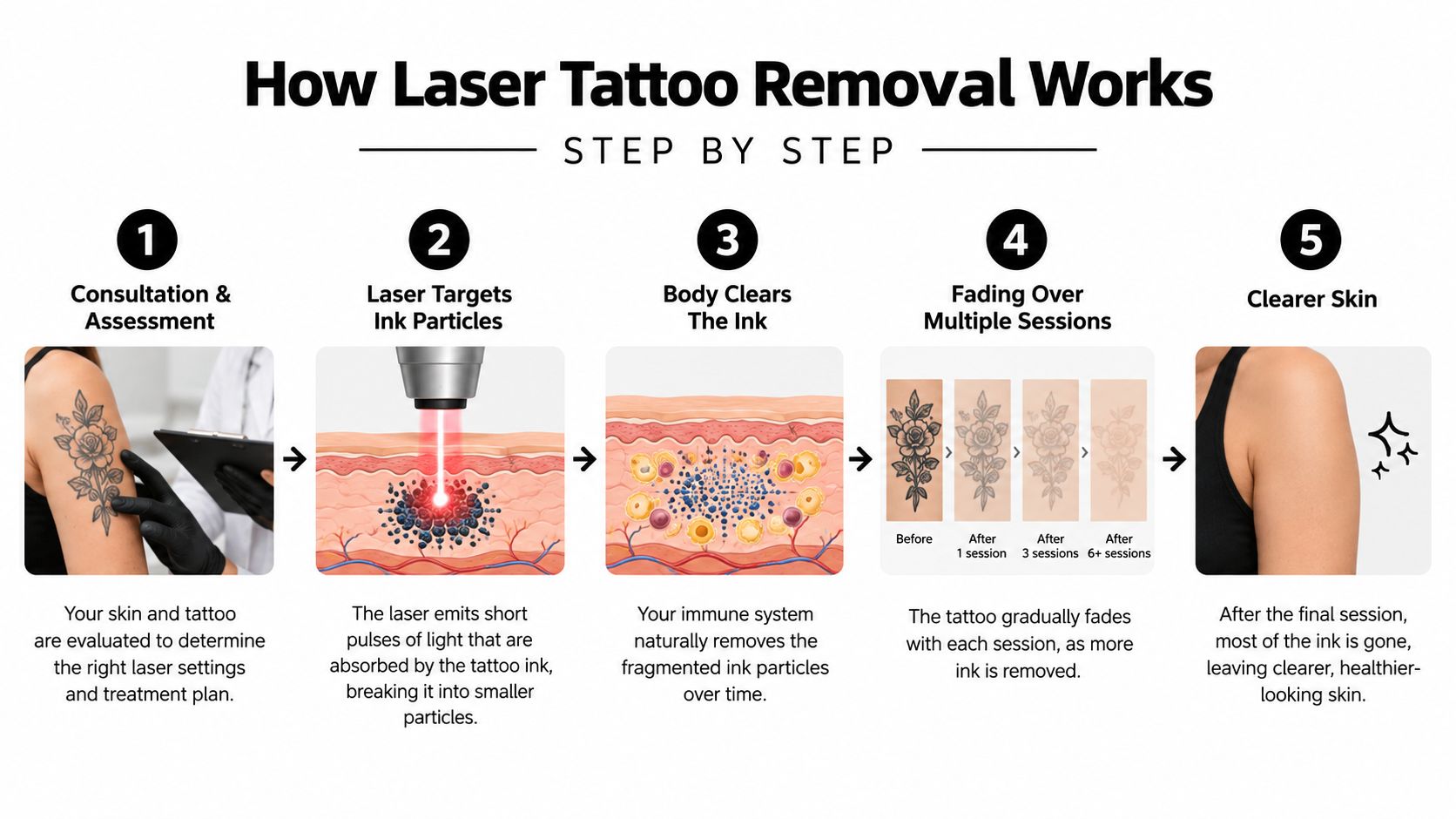 A step-by-step infographic illustrating the professional process of laser tattoo removal on skin.