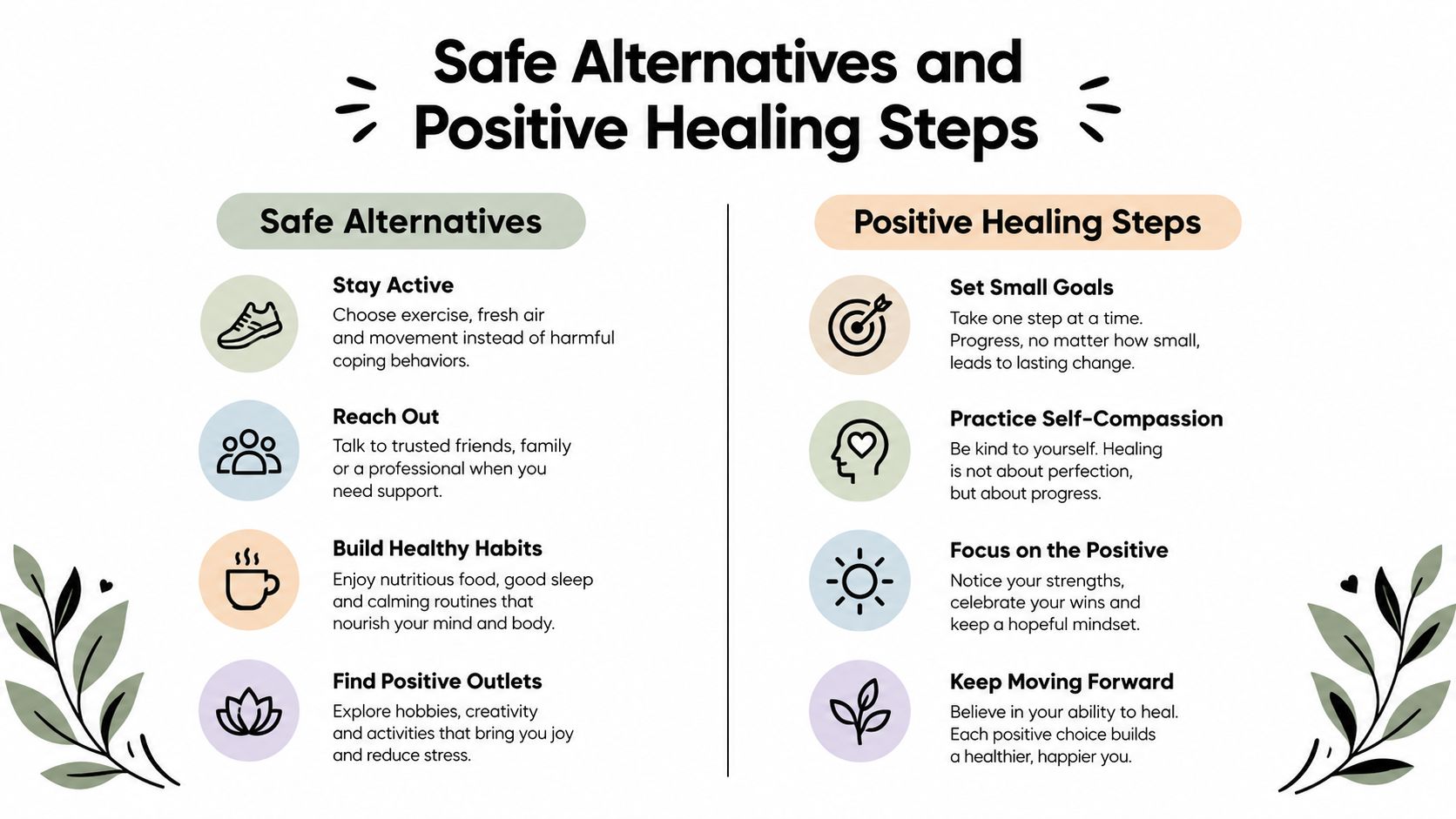 An infographic titled Safe Alternatives and Positive Healing Steps offering healthy coping strategies and wellness advice.