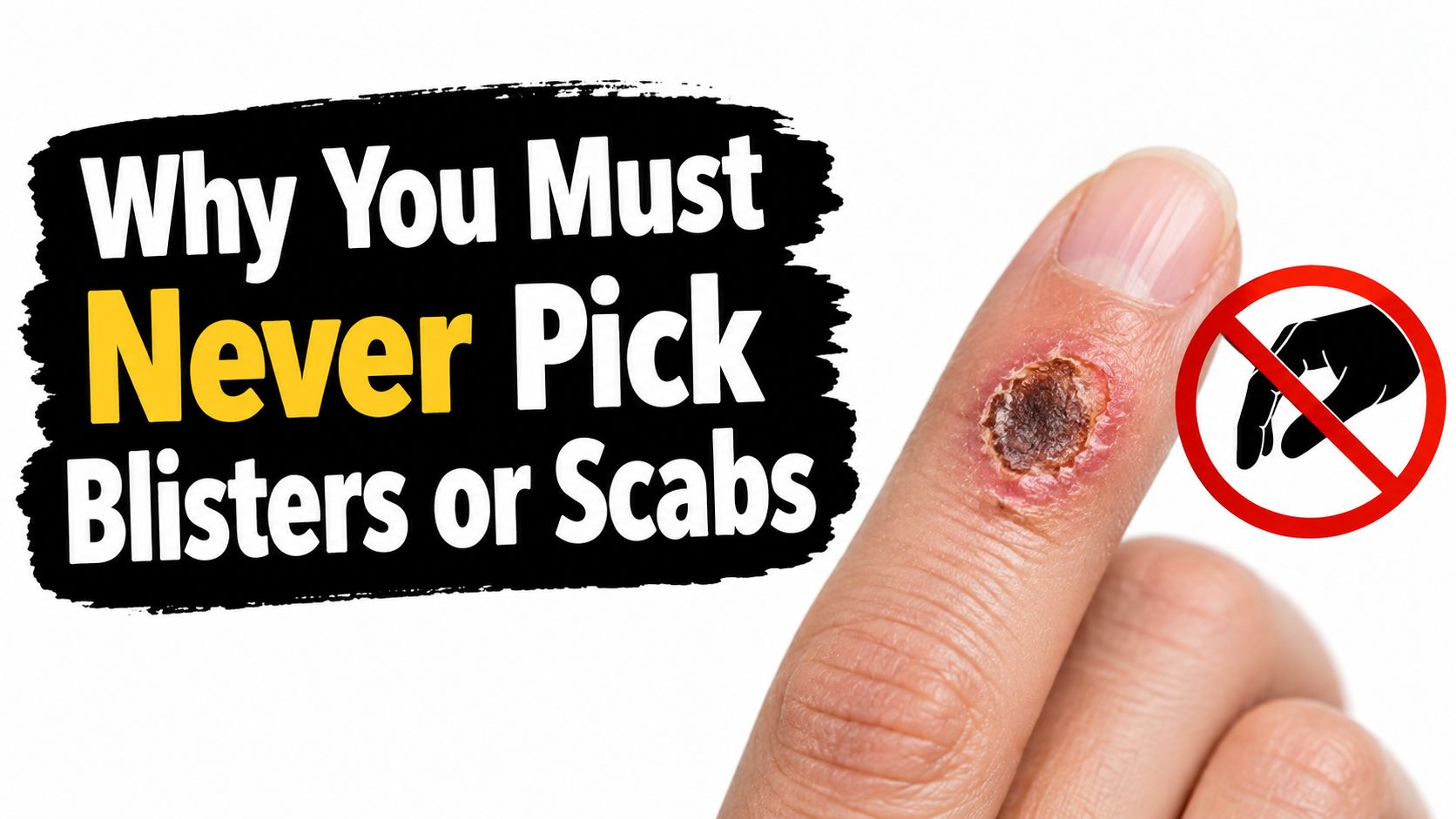 A close-up of a finger with a scab and a red prohibited sign indicating not to pick.