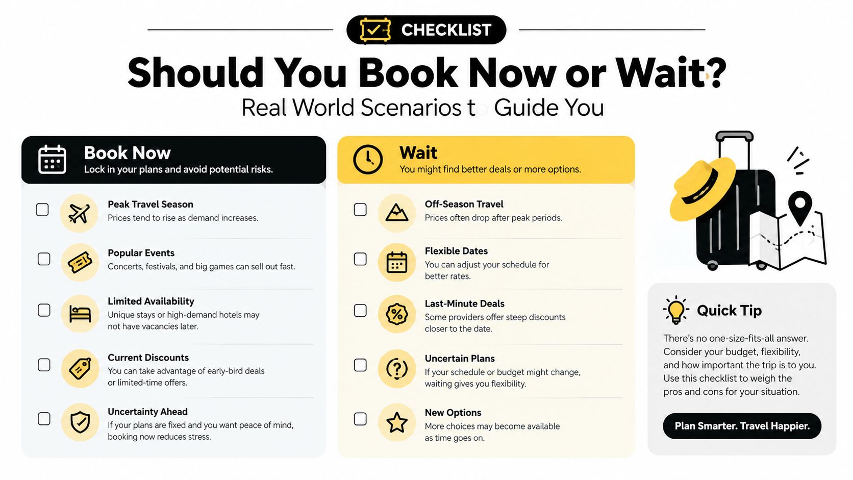 A travel planning checklist comparing scenarios for booking trips now versus waiting for better deals.
