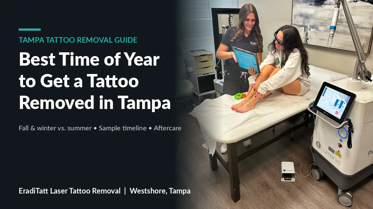 EradiTatt nurse practitioner reviewing a PiQo4 laser tattoo removal plan with a client at the Westshore Tampa clinic
