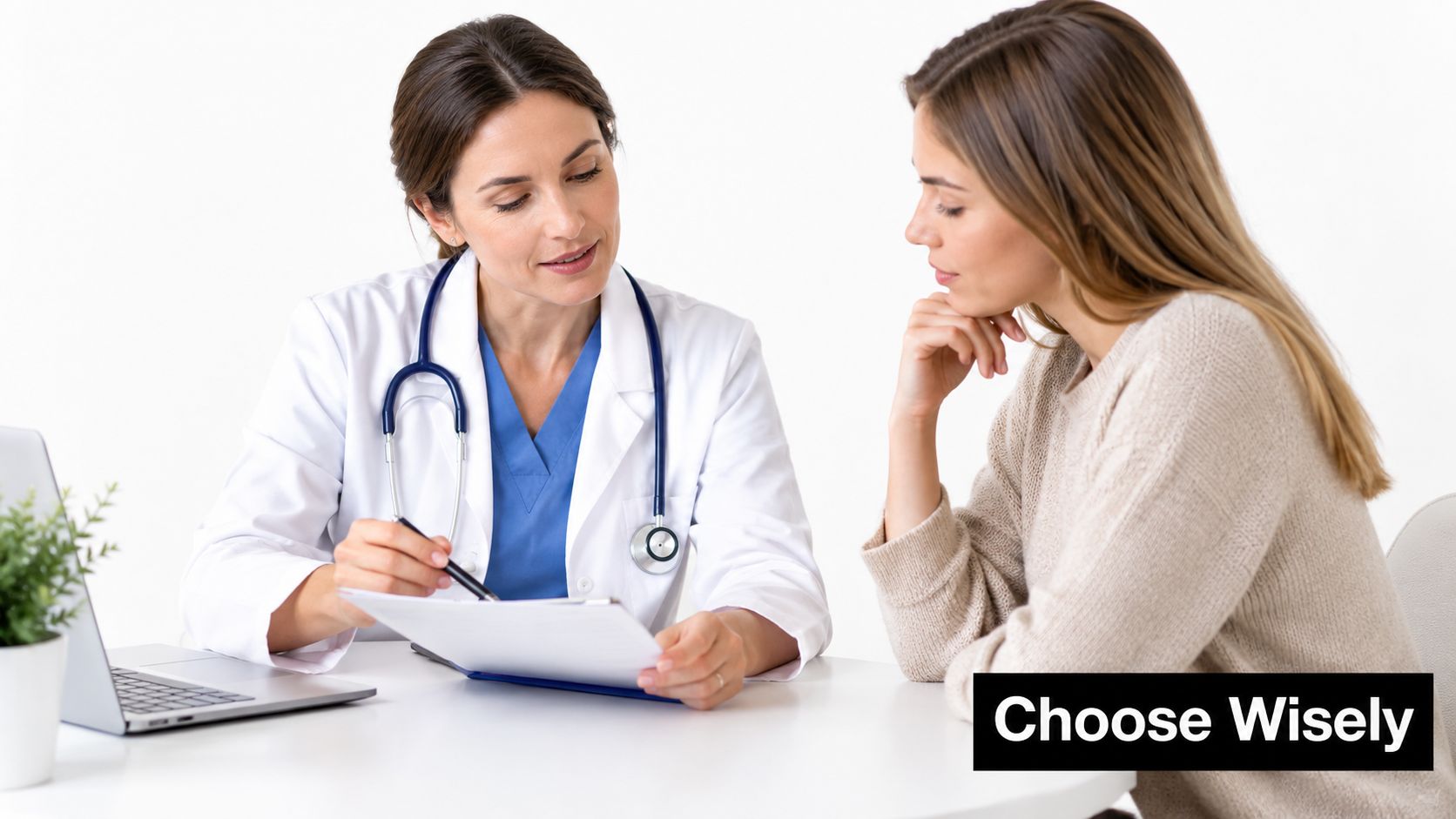 A female doctor with a stethoscope sits at a desk discussing medical information with a female patient.