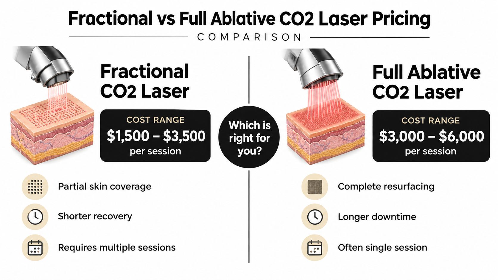 A comparison chart showing cost ranges, recovery, and session frequency for fractional versus full ablative CO2 laser treatments.