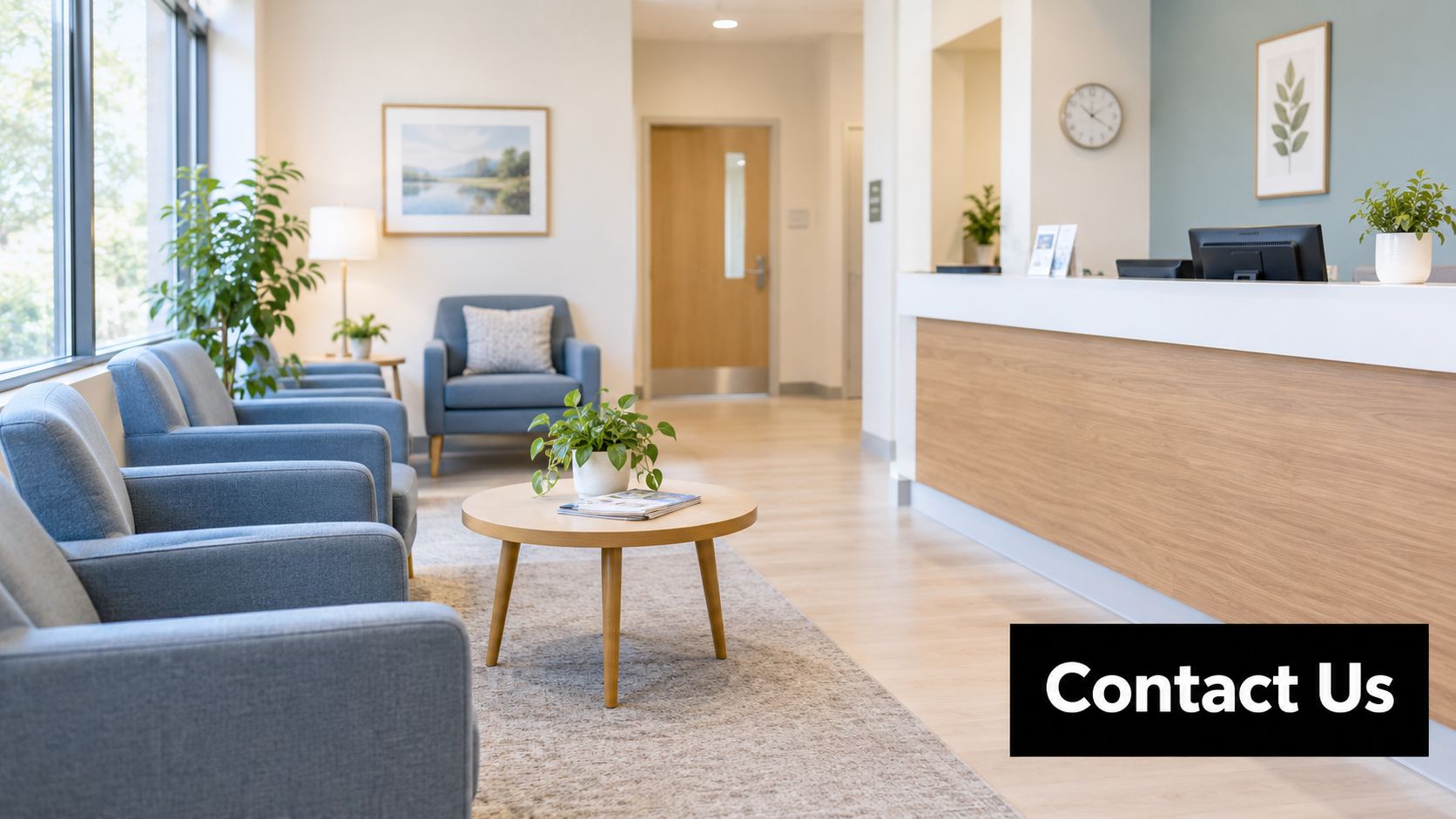 A modern and bright medical office waiting room featuring blue armchairs, a coffee table, and reception desk.